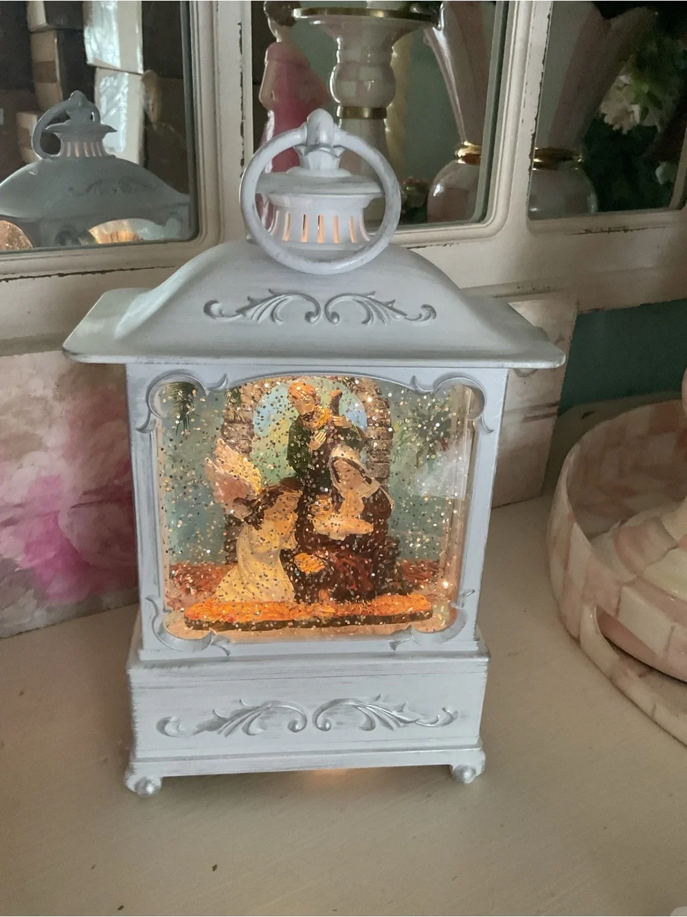 White Decorative Lantern Snow Globe with Heirloom Figurine - Home Accents